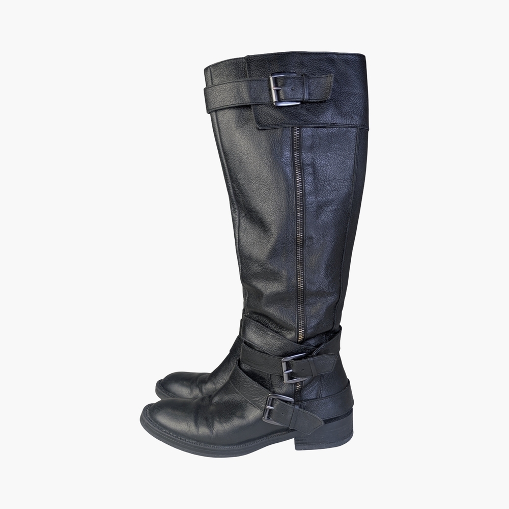Enzo Angiolini Black Leather Tall Moto Boots With Buckle, Size 7